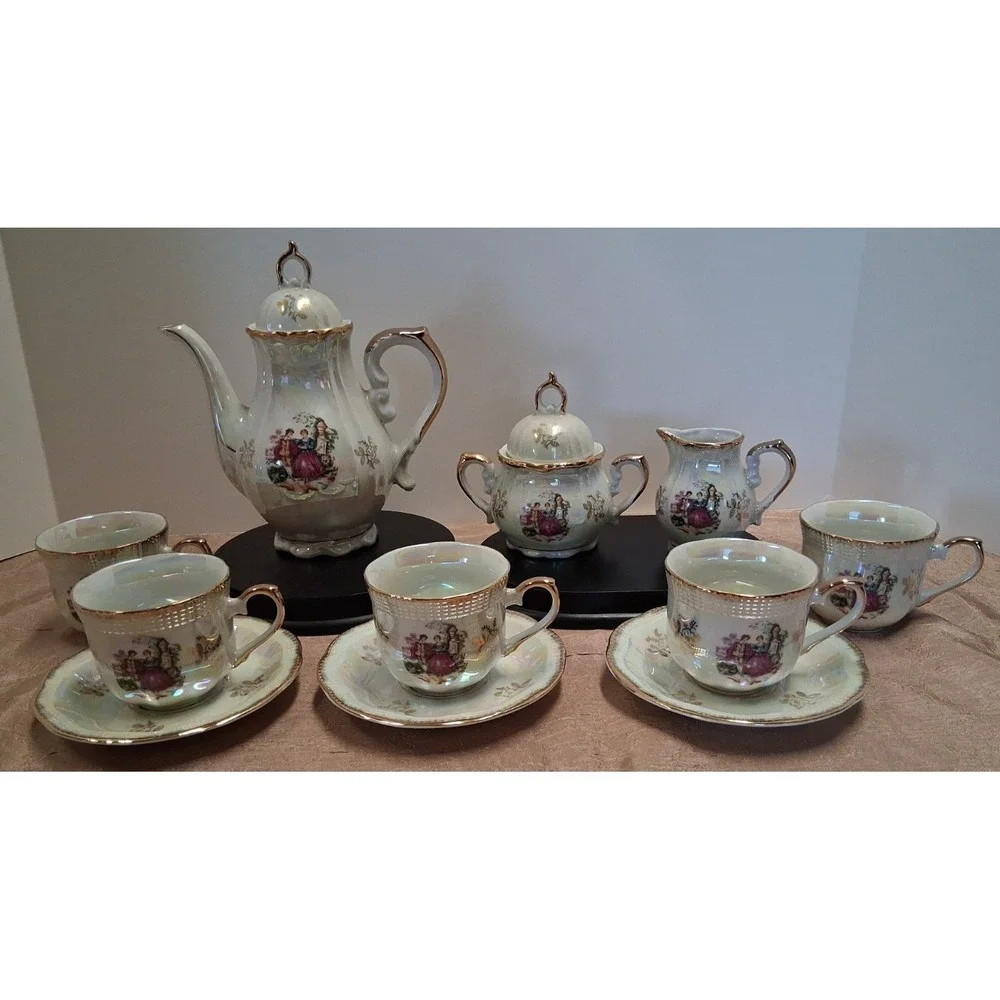 Vintage 1960s Made in Japan Courting Couple Demitasse Tea Set Gold Trim 13 Pc‎